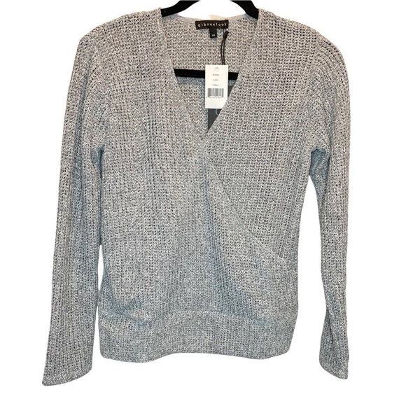 Gibson Look V-Neck Crossover Faux Wrap Surplice Top Marled Knit Grey XS NWT NEW - Picture 1 of 6